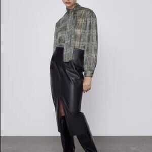 ZARA Houndstooth Plaid Blouse Top Tie Detail Balloon Sleeves Metallic Thread M